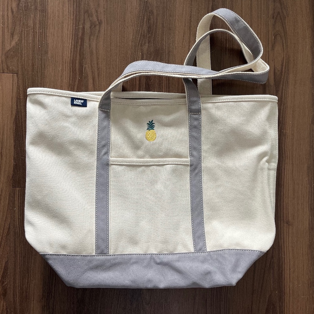 NWT Land's End Custom Canvas Tote Pineapple Embroidered LARGE